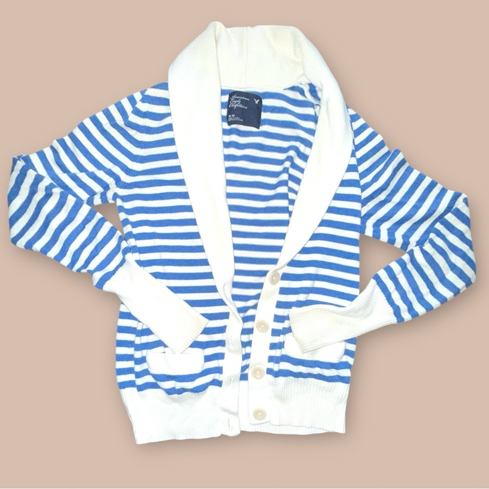 American Eagle Striped Shawl Collar Cardigan Blue White‎ Medium Cozy